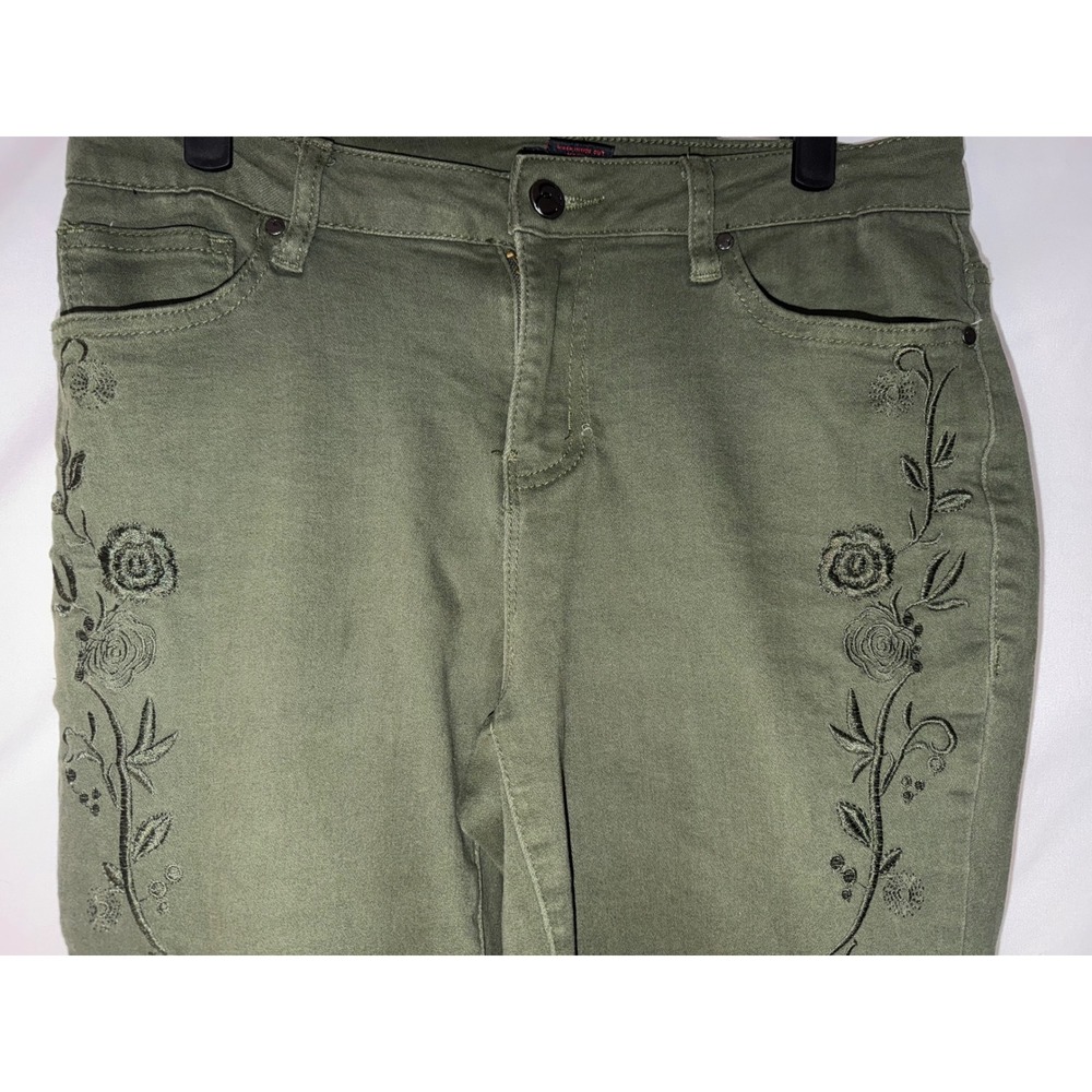 Earl Jean Womens Olive Green Floral Embroidered Skinny Ankle Pants Size 10 - Picture 4 of 12